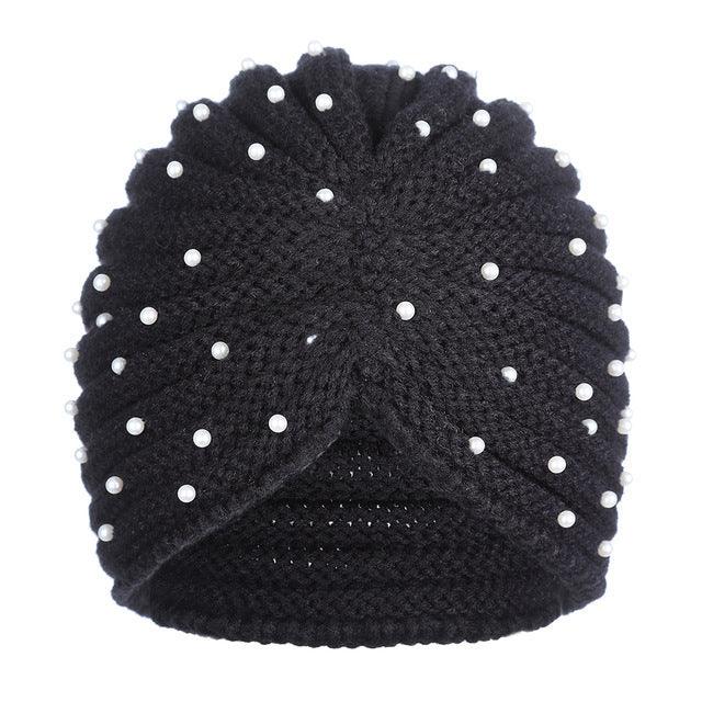 Black knitted turban-style beanie hat adorned with scattered white pearl beads