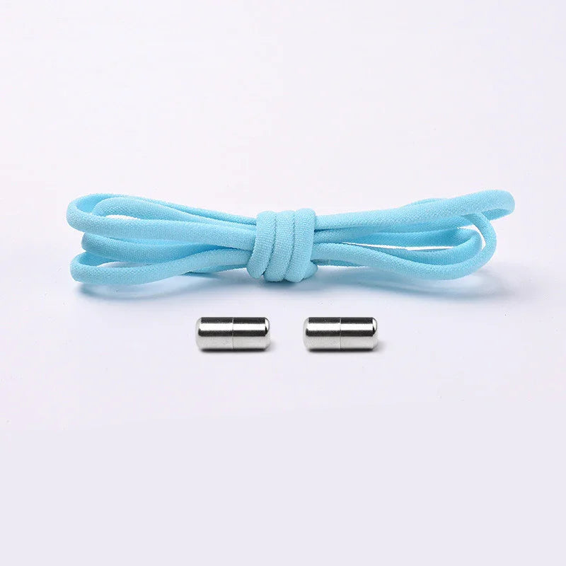 Light blue shoelace with two silver metal aglets on a white background