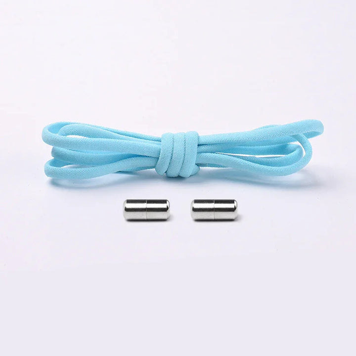 Light blue shoelace with two silver metal aglets on a white background