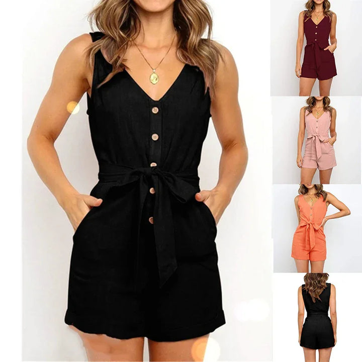 Women wearing sleeveless button front belted casual romper in black, burgundy, pink, and orange colors