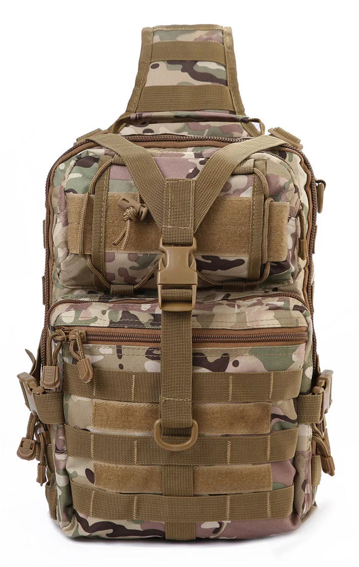 Compact tactical backpack with camouflage pattern, multiple compartments, straps, and buckles for outdoor use