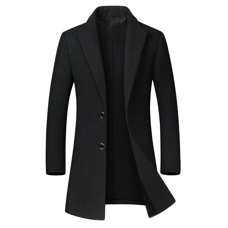 Black men's long tailored wool coat with lapel collar and two buttons, open front view