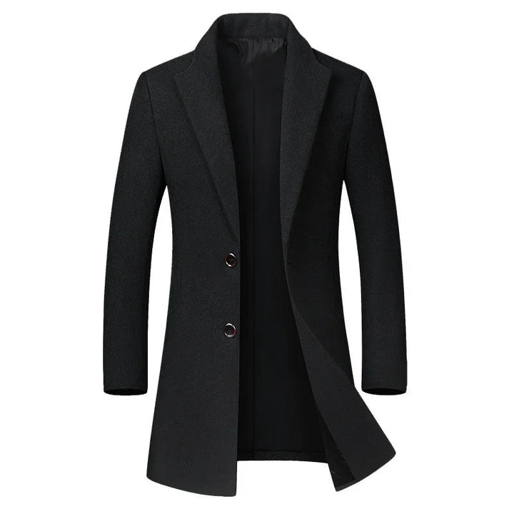 Black men's long tailored wool coat with lapel collar and two buttons, open front view