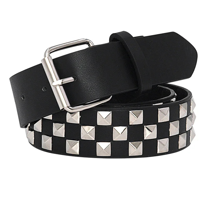 Black leather belt with silver square studs and a silver metal buckle