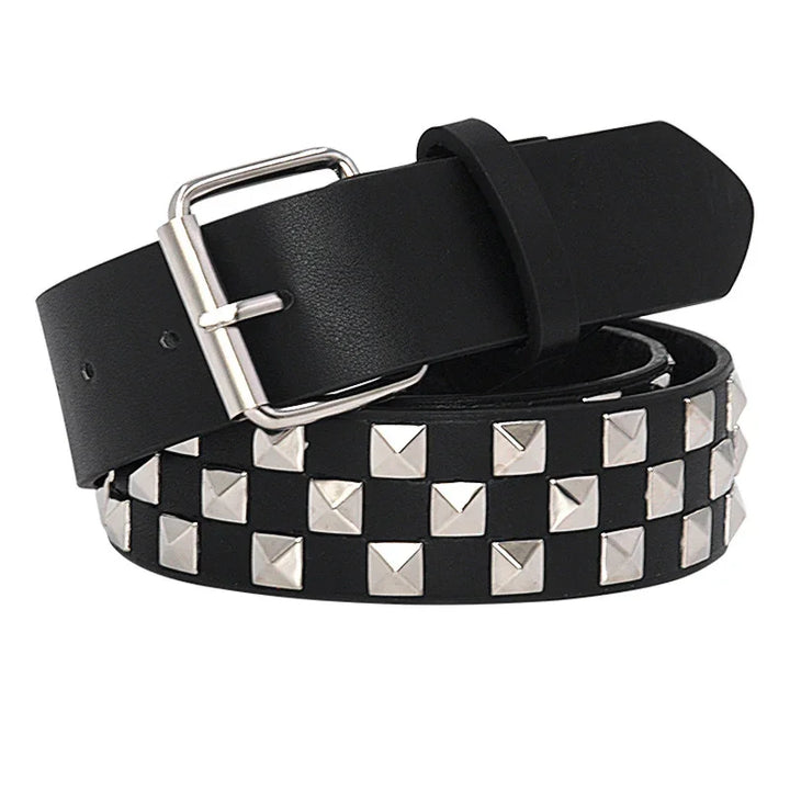 Black leather belt with silver square studs and a silver metal buckle