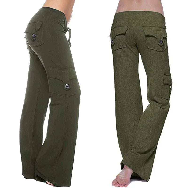 Women wearing olive green wide-leg cargo pants with buttoned flap pockets and drawstring waist