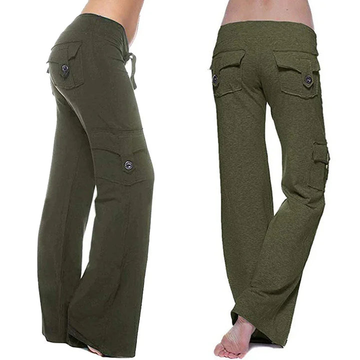 Women wearing olive green wide-leg cargo pants with buttoned flap pockets and drawstring waist