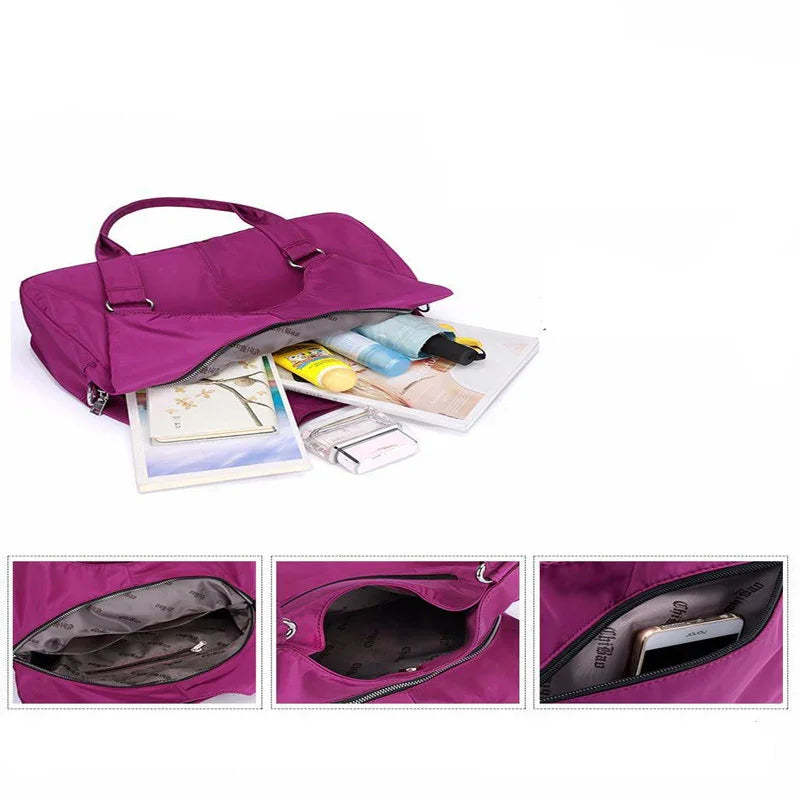 Purple tote bag with zipper, showing organized interior pockets with cosmetics, books, and a smartphone