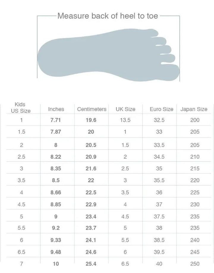Kids shoe size chart with foot diagram measuring heel to toe in inches, cm, UK, Euro, Japan sizes