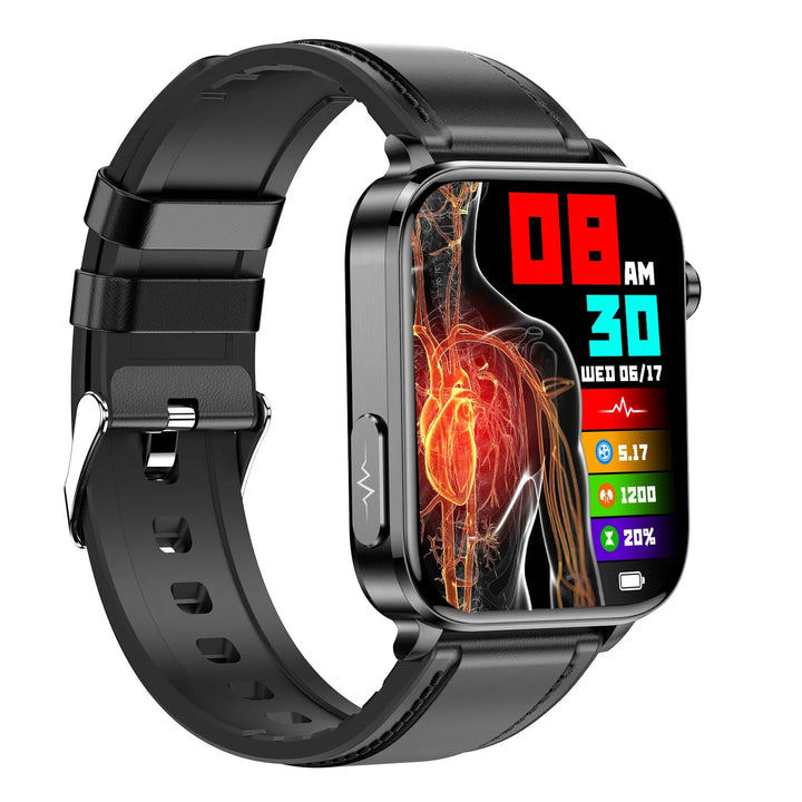 Black smartwatch with leather strap showing heart health and fitness stats on vibrant display