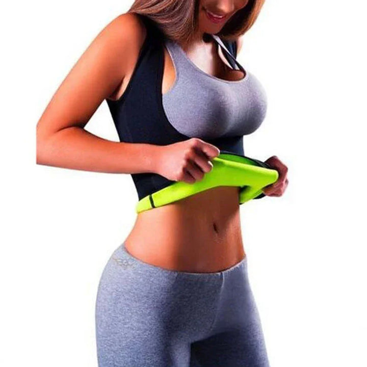 Woman in gray workout clothes wearing a neon green waist trainer for fitness and slimming