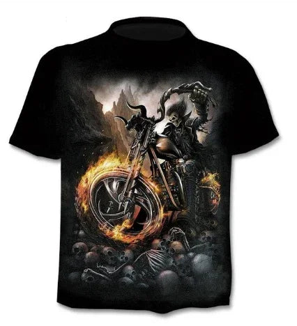 Black t-shirt featuring a flaming skeleton rider on a motorcycle over skulls and bones