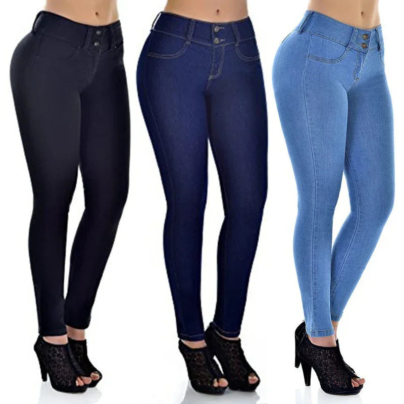 Three pairs of women's high-waisted skinny jeans in black, dark blue, and light blue with black high-heel shoes