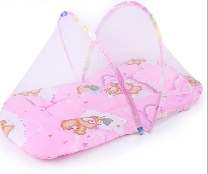 Pink baby mattress with mosquito net and teddy bear print for infant sleep protection