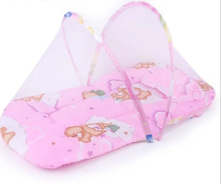 Pink baby mattress with mosquito net and teddy bear print for infant sleep protection