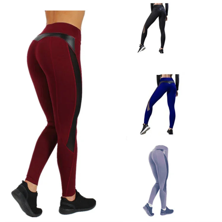 Women modeling high-waisted workout leggings in red, black, blue, and gray color options