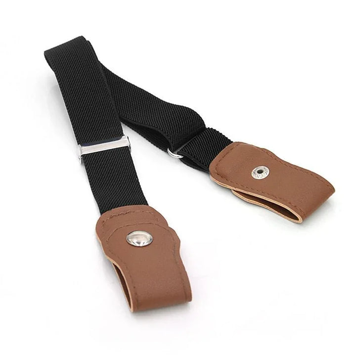 Adjustable black fabric suspenders with brown leather ends and metal button closures