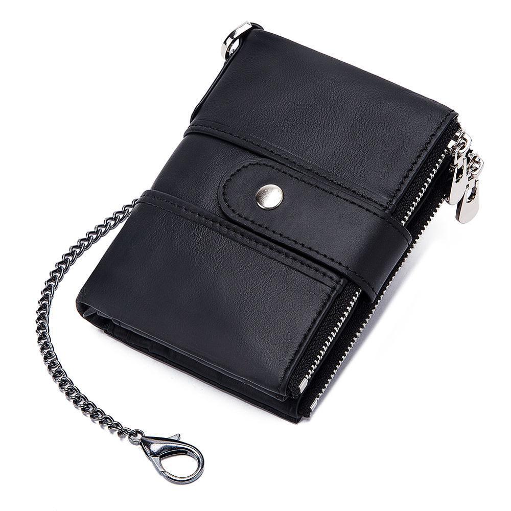 Black leather wallet with snap button, zipper compartments, and silver chain key holder