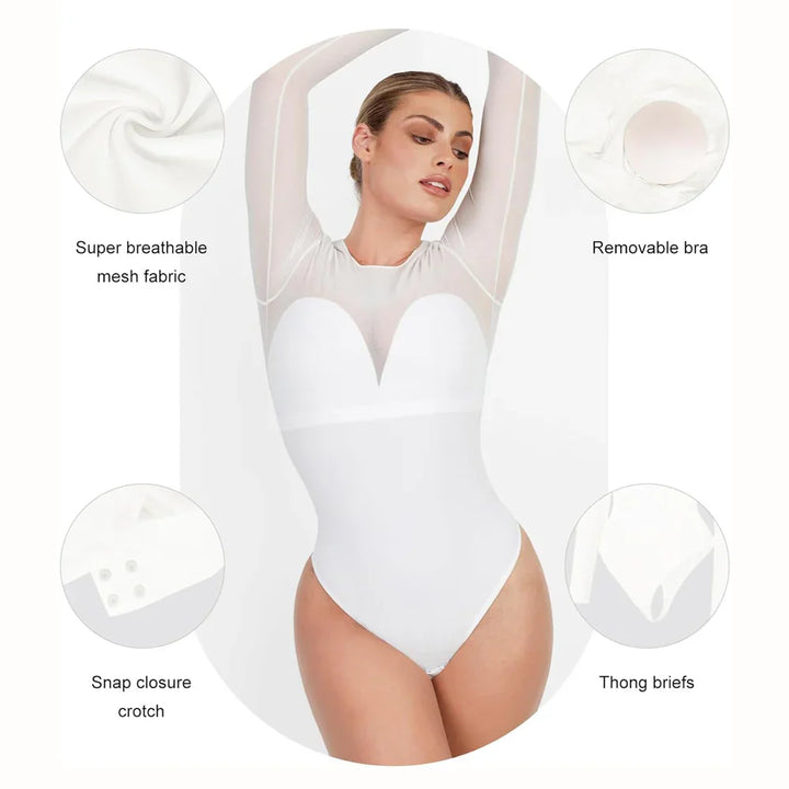 Woman wearing white sheer mesh bodysuit with removable bra, snap crotch, and thong briefs