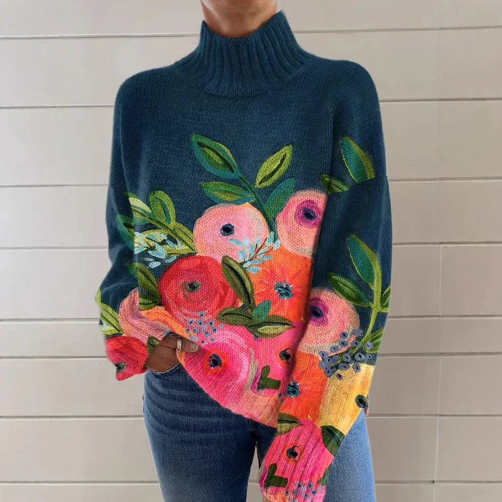 Woman wearing navy blue turtleneck sweater with vibrant floral print and blue jeans