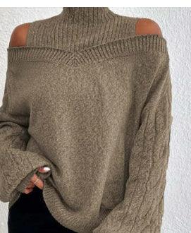 Cozy taupe knit sweater with cold shoulder cutouts and textured cable knit sleeves