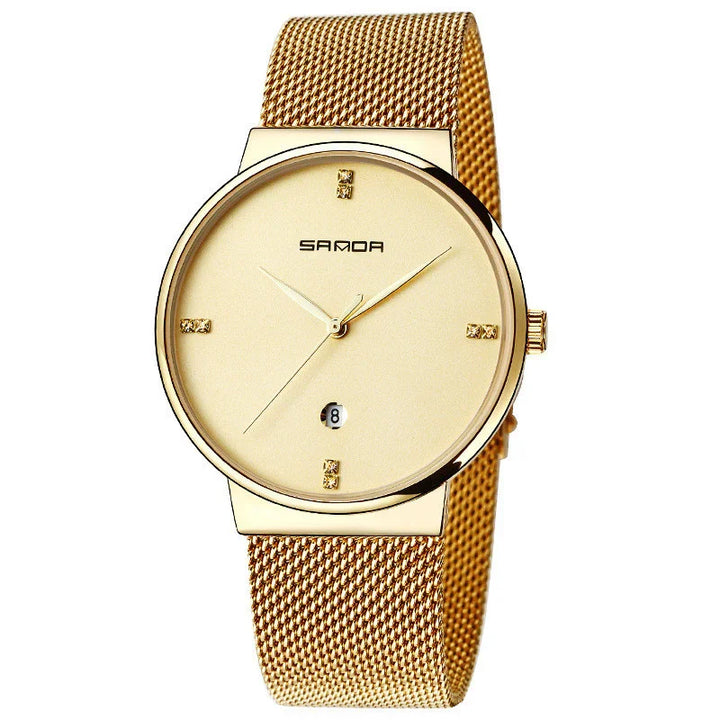 Gold-tone SAMOA wristwatch with mesh strap, minimalist dial, crystal hour markers, and date window