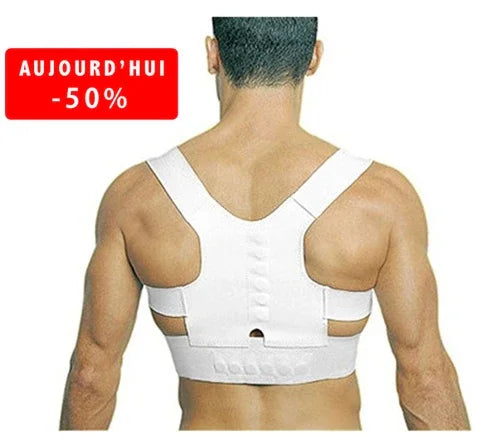 Man wearing white posture corrector brace on back, red -50% discount label in French