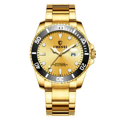 Gold CHENXI wristwatch with black rotating bezel, date display, and metal link bracelet