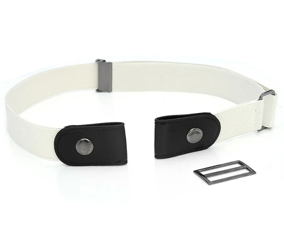 White elastic belt with black leather snap button ends and metal buckle accessory on white background