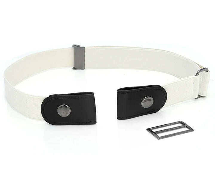 White elastic belt with black leather snap button ends and metal buckle accessory on white background