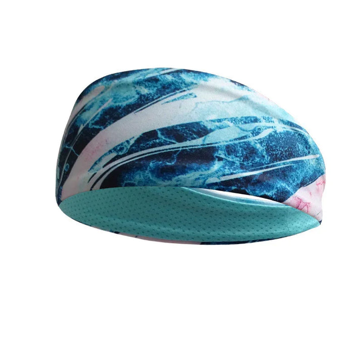 Cycling cap with blue marble pattern and light blue breathable fabric under brim