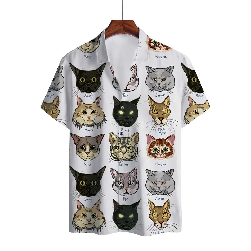 White button-up shirt with colorful cat face illustrations and names printed all over