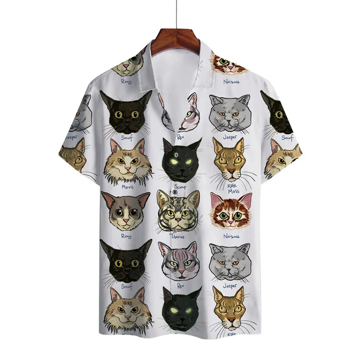 White button-up shirt with colorful cat face illustrations and names printed all over