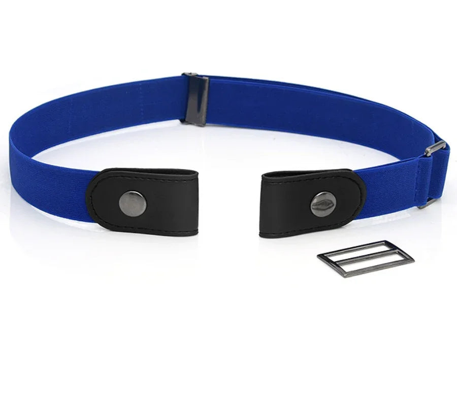 Blue elastic belt with black leather snap button ends and metal buckle on white background