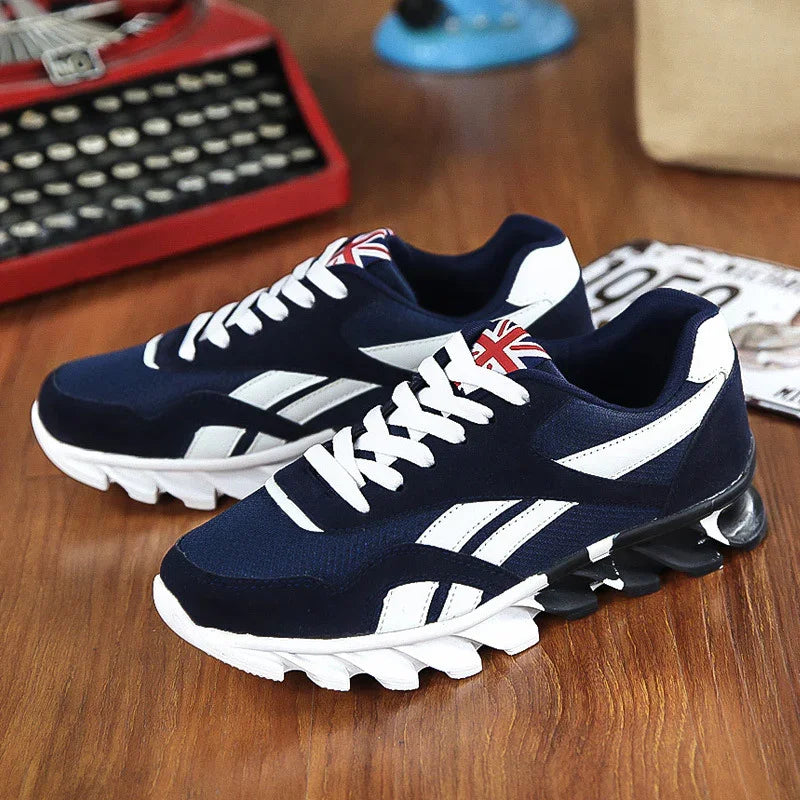 Navy blue and white sports sneakers with unique sole design and Union Jack detail on tongue