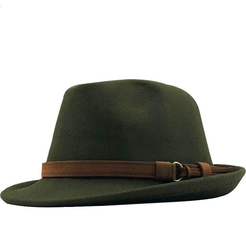 Dark green felt fedora hat with brown leather band and buckle detail