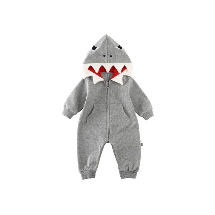 Gray baby romper with shark design hood featuring eyes and teeth, front zipper, and long sleeves