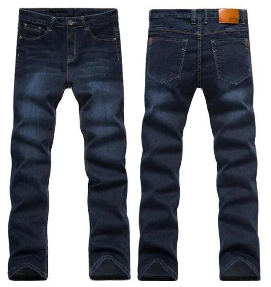 Dark blue denim jeans displayed from front and back with classic five-pocket design