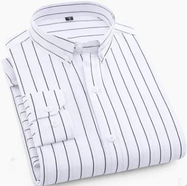 Folded white dress shirt with vertical black stripes and a button-down collar