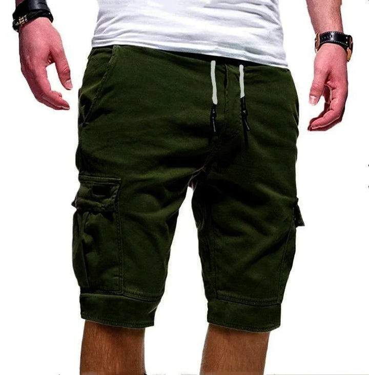Men's casual olive green cargo shorts with drawstring waist and side pockets