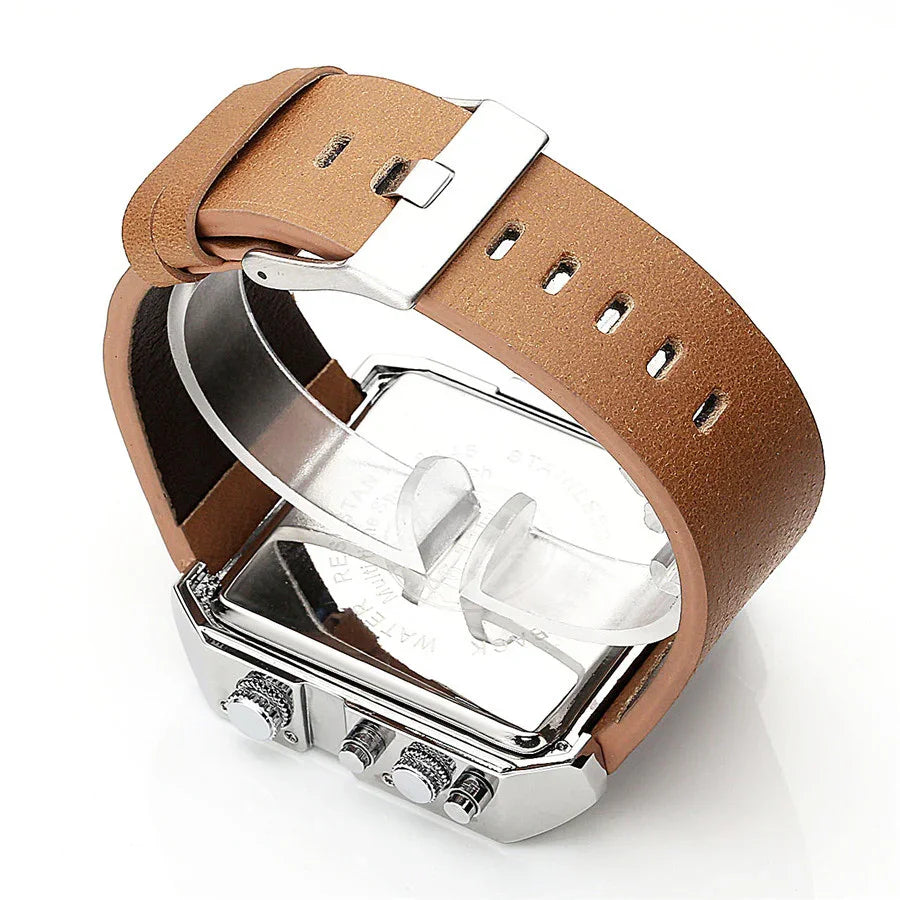 Silver smartwatch with brown leather strap and metal buckle shown from back