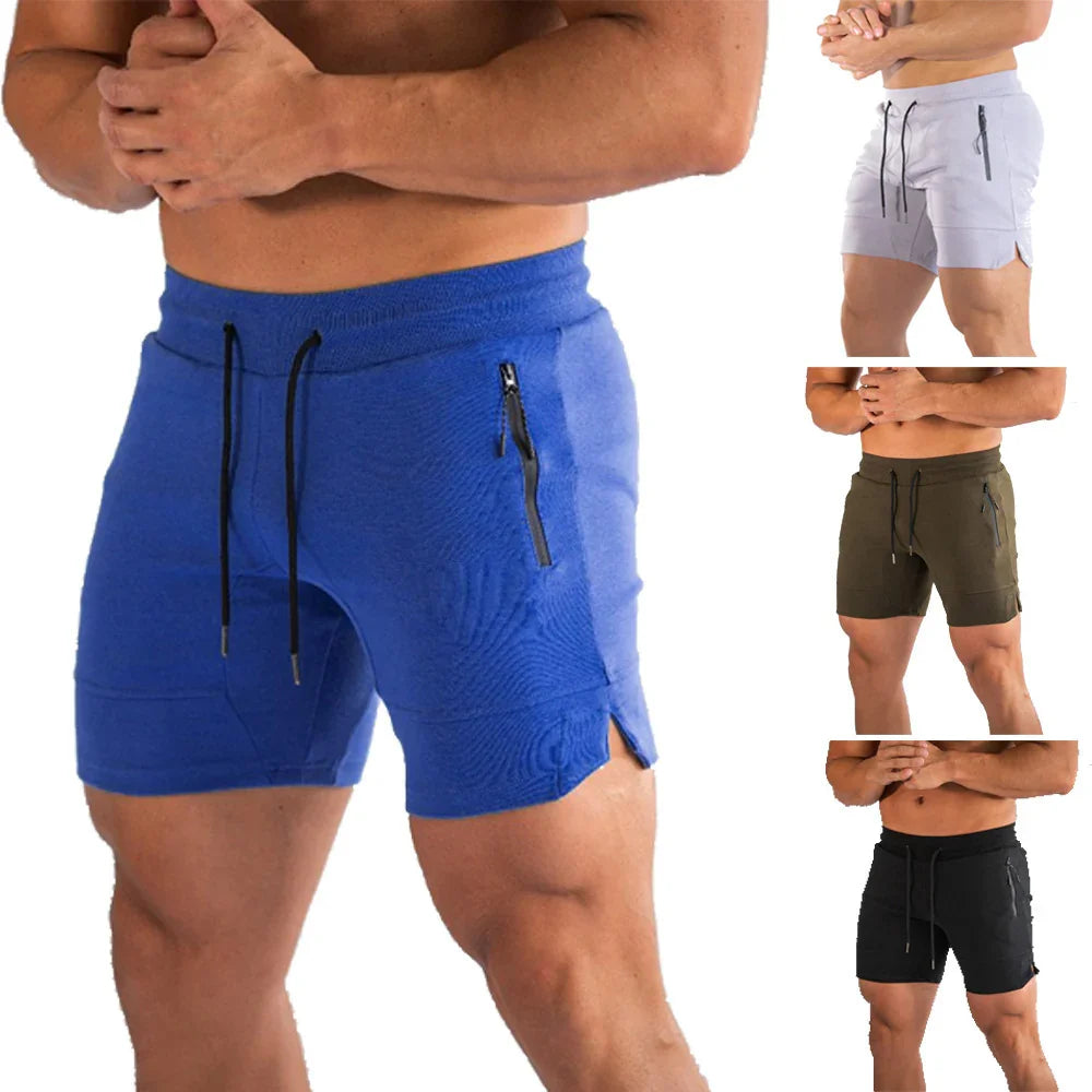 Men's elastic waist athletic shorts with zip pockets in blue, white, olive, and black colors