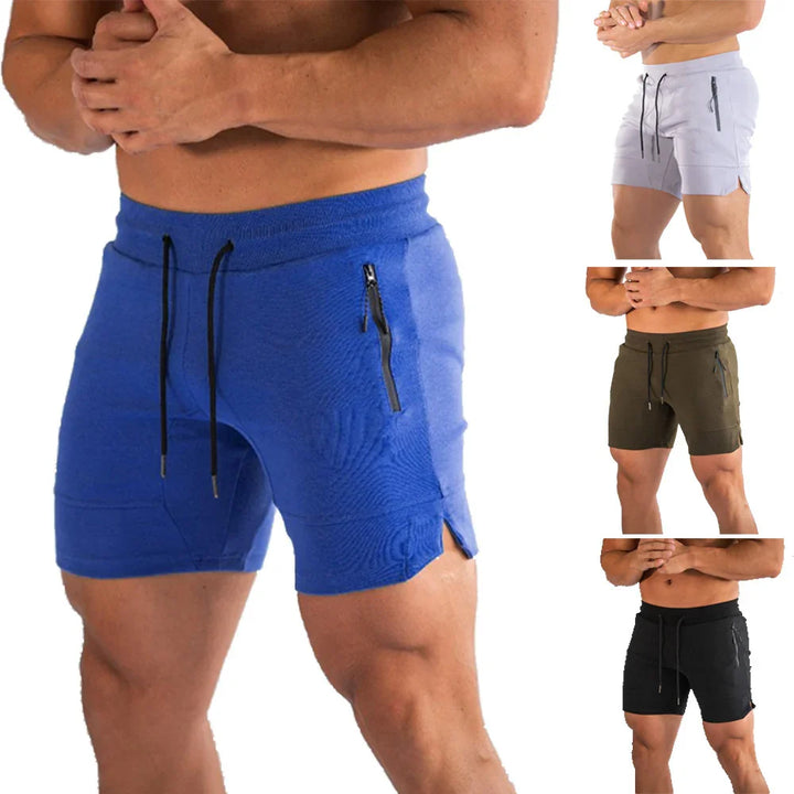 Men's elastic waist athletic shorts with zip pockets in blue, white, olive, and black colors