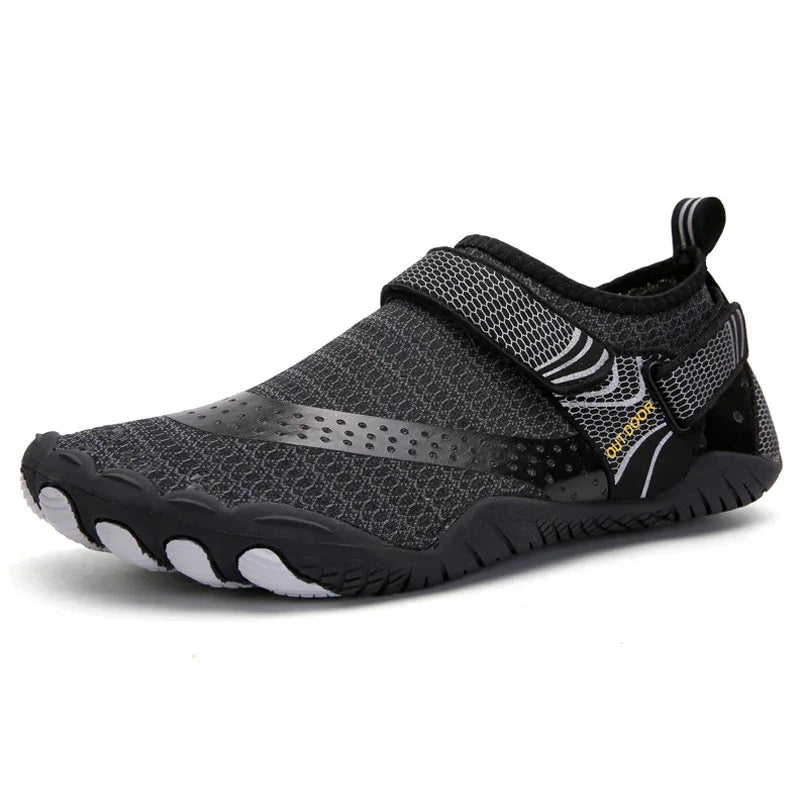 black water shoes with mesh fabric, adjustable strap, and textured sole for outdoor activities