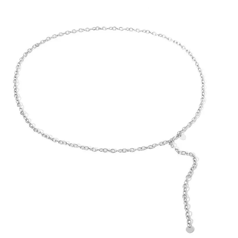 silver chain necklace with small round links and adjustable dangling clasp on white background