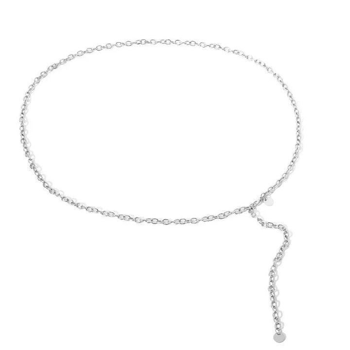 silver chain necklace with small round links and adjustable dangling clasp on white background