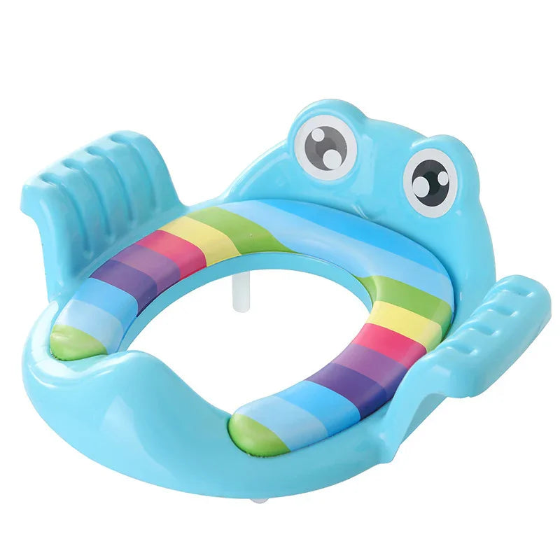 Blue frog-shaped children's potty training seat with colorful striped cushion and raised armrests