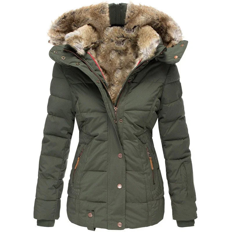 Women's olive green quilted winter jacket with brown faux fur hood lining and zippered pockets