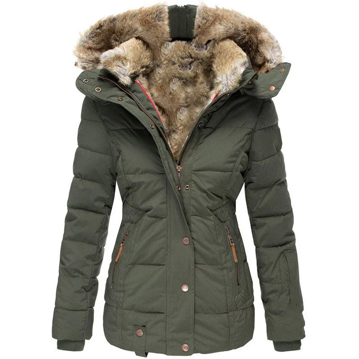 Women's olive green quilted winter jacket with brown faux fur hood lining and zippered pockets