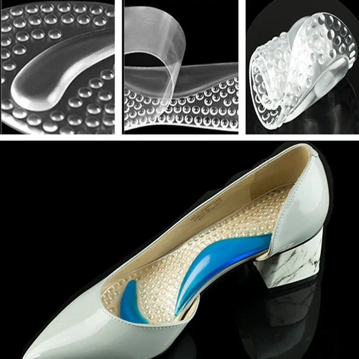 Transparent gel insoles with cushioning bumps for high heels, shown inside a stylish white heeled shoe